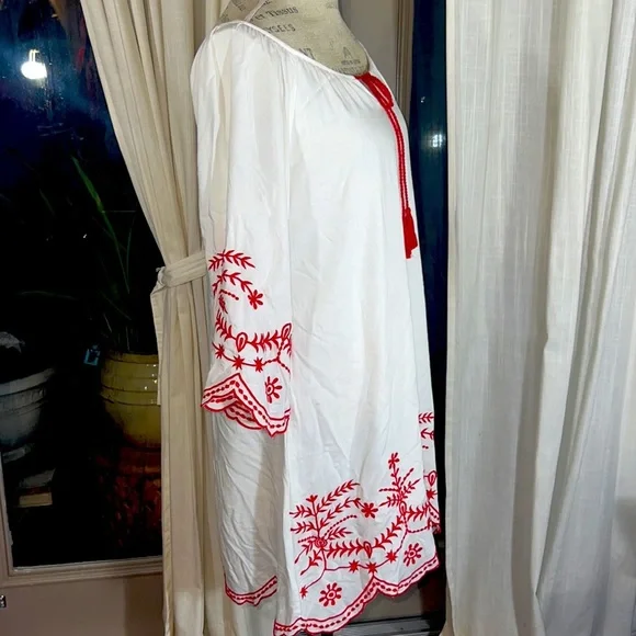 CC Chic Connection white tunic long shirt red embroidery tassel tie dress Small​ - Picture 4 of 16